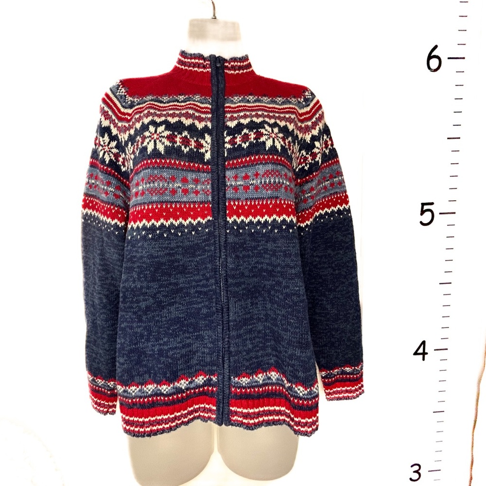 Tiara International Red White Blue Snowflakes Full Zip Ski Sweater Large